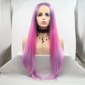 Wholesale high quality long straight cheap heat resistant ombre pink synthetic wig with lace frontal
